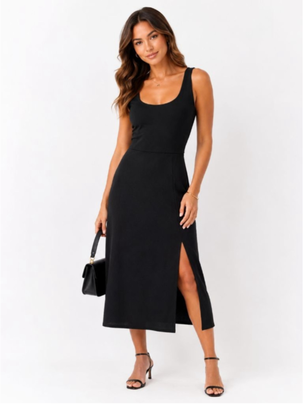 Open Edit Black Sleeveless Midi Dress Side Slit Stretch Knit Size Medium NWOT